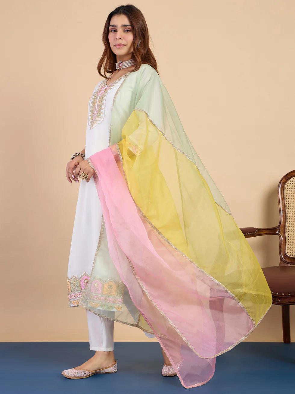 Floral Embroidered Muslin V_Neck Kurta Trouser & Dupatta Set