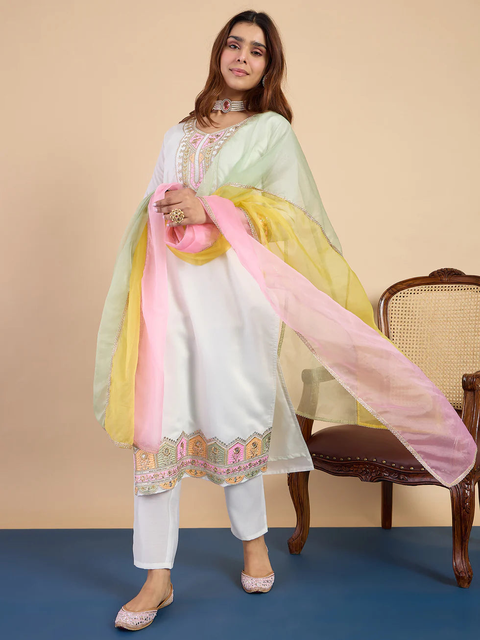 Floral Embroidered Muslin V_Neck Kurta Trouser & Dupatta Set