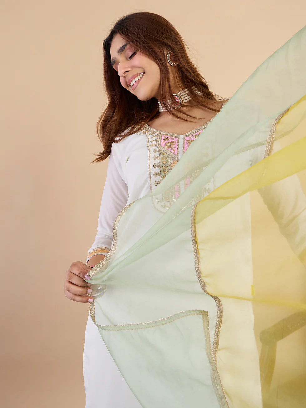 Floral Embroidered Muslin V_Neck Kurta Trouser & Dupatta Set