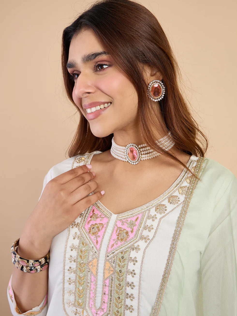 Floral Embroidered Muslin V_Neck Kurta Trouser & Dupatta Set