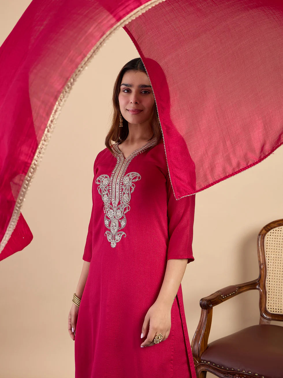 Floral embroidered silk_blend v_neck Kurta Trouser & Dupatta Set