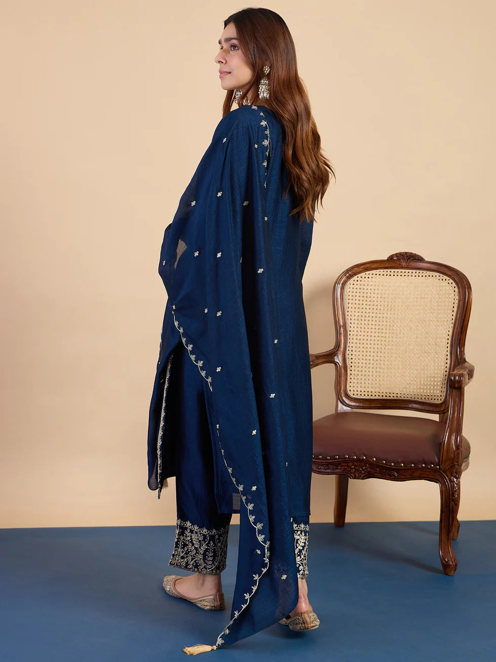 Floral Embroidered Vichitra_Silk Round_Neck Kurta Trouser & Dupatta Set