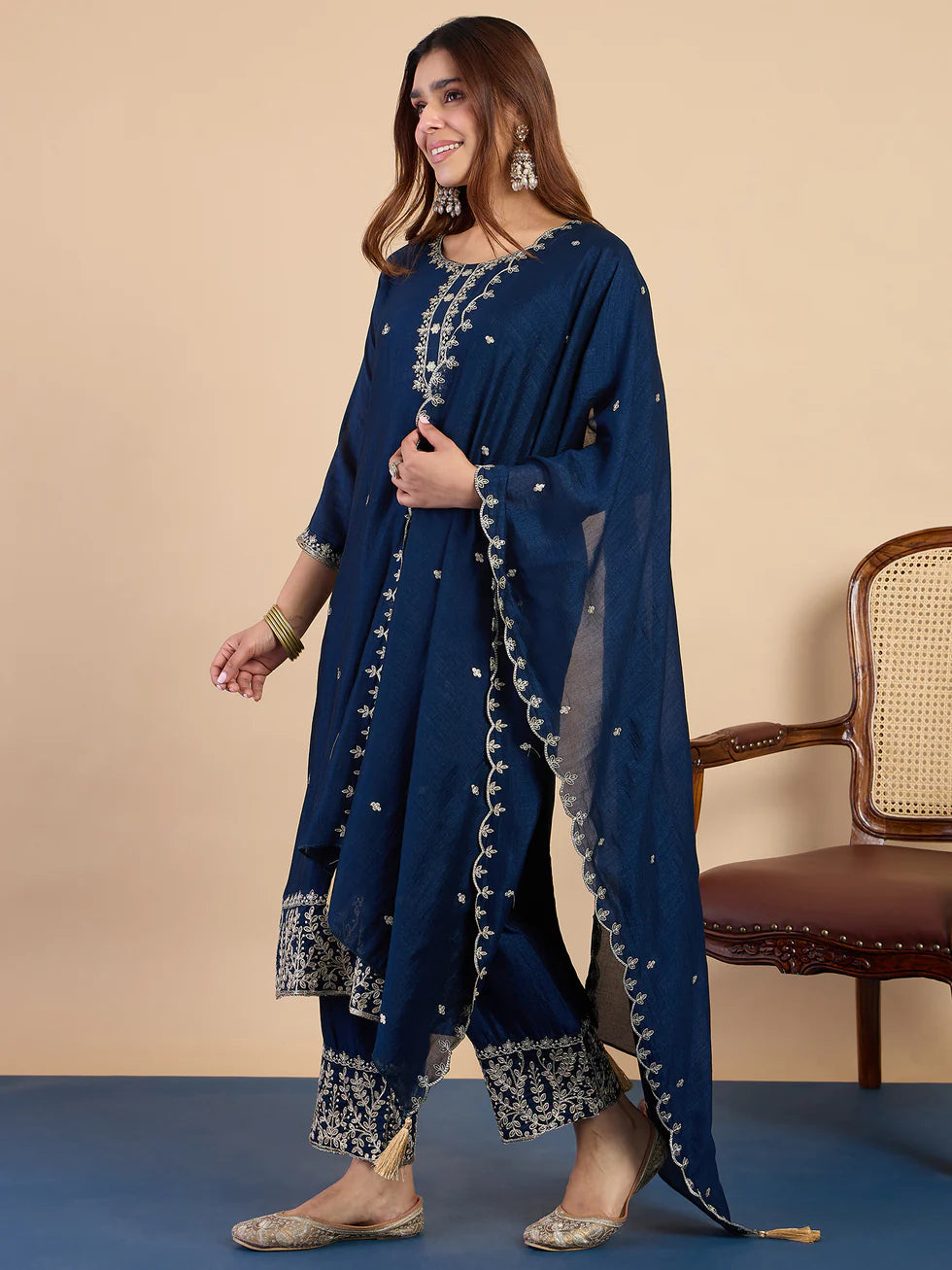 Floral Embroidered Vichitra_Silk Round_Neck Kurta Trouser & Dupatta Set