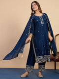 Floral Embroidered Vichitra_Silk Round_Neck Kurta Trouser & Dupatta Set