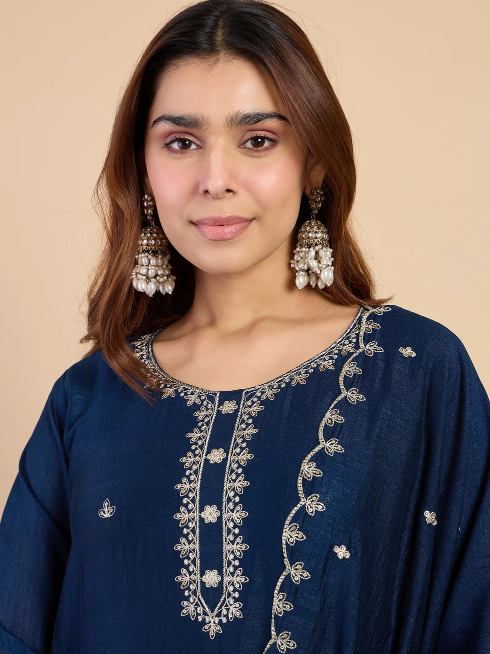 Floral Embroidered Vichitra_Silk Round_Neck Kurta Trouser & Dupatta Set