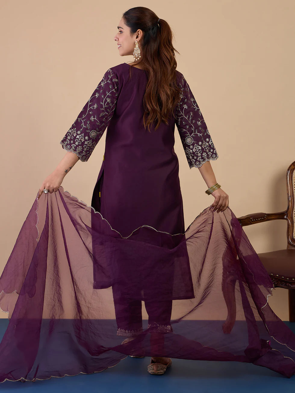 Floral Embroidered Muslin Round_Neck Kurta Trouser & Dupatta Set