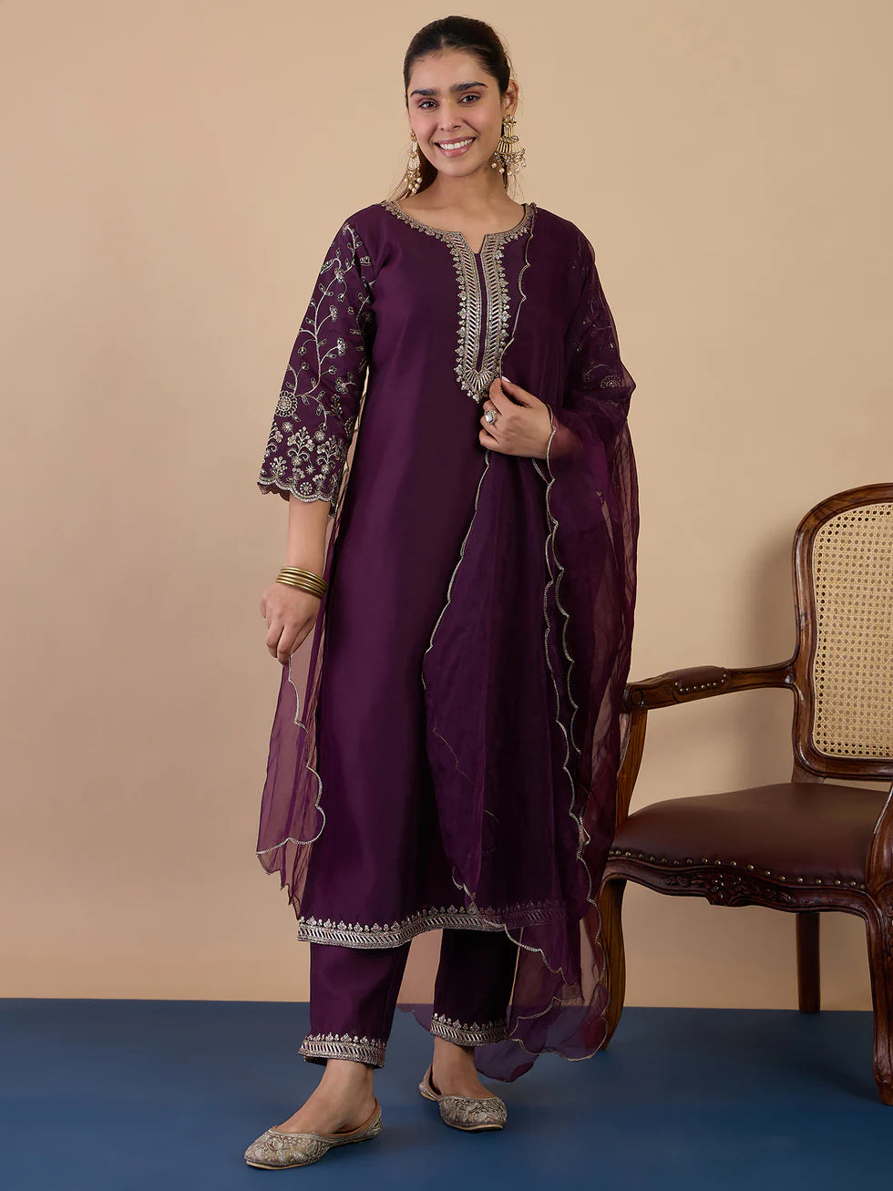 Floral Embroidered Muslin Round_Neck Kurta Trouser & Dupatta Set