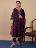 Floral Embroidered Muslin Round_Neck Kurta Trouser & Dupatta Set