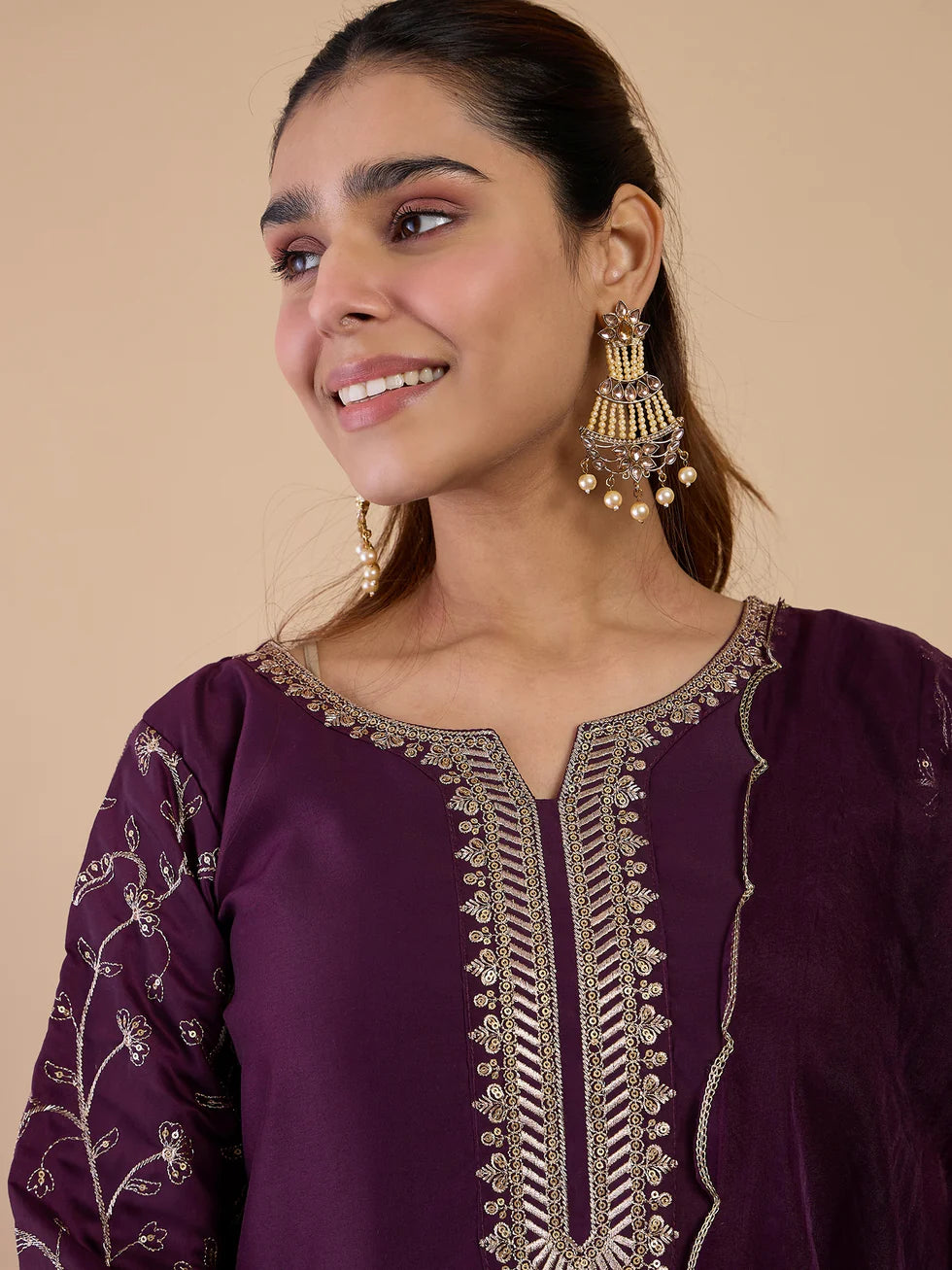 Floral Embroidered Muslin Round_Neck Kurta Trouser & Dupatta Set