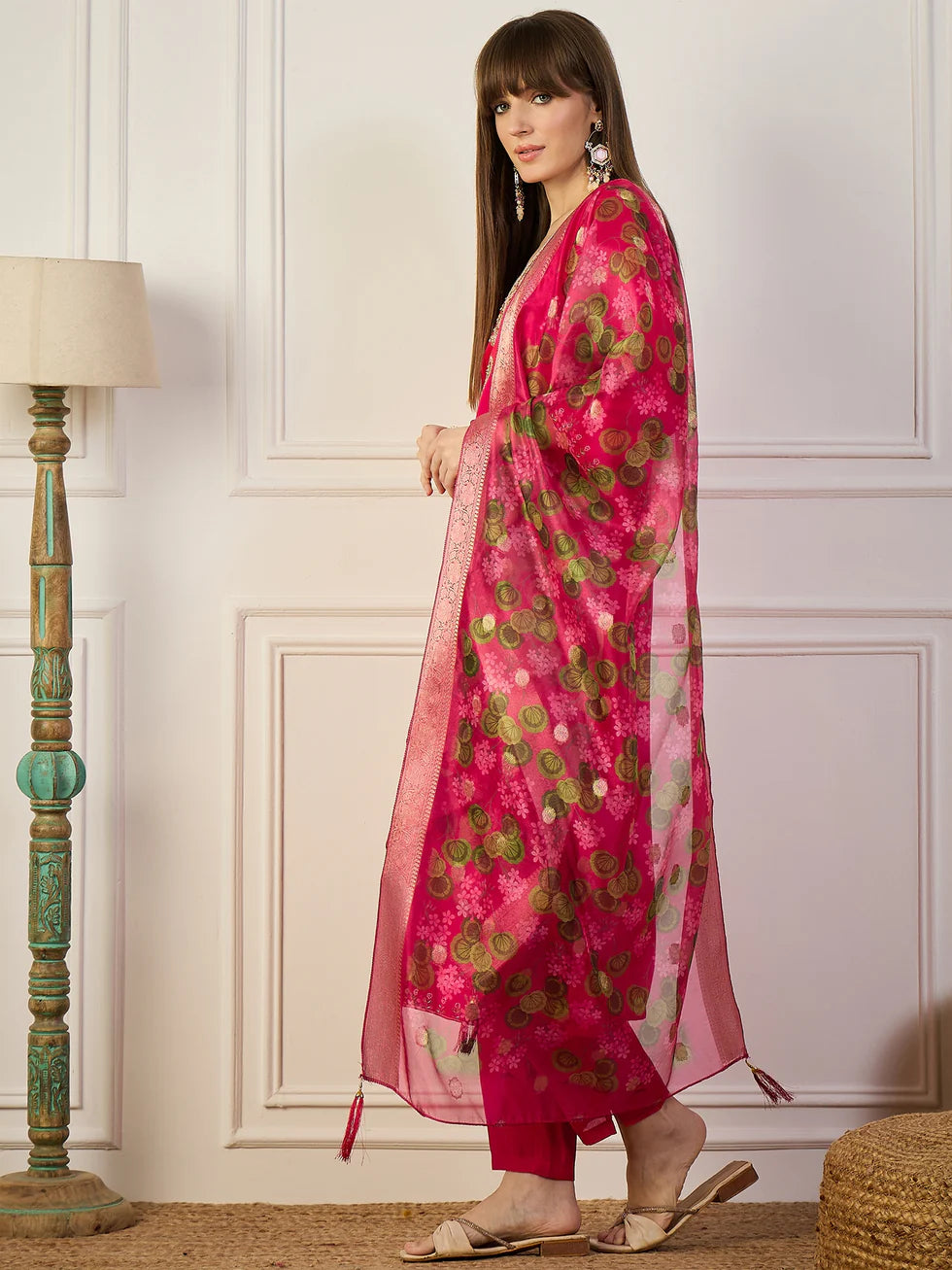 Floral Embroidered Silk_Blend V_Neck Kurta Trouser & Dupatta Set