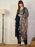 Floral Embroidered Silk_Blend V_Neck Kurta Trouser & Dupatta Set