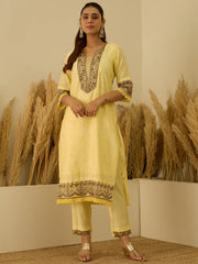 Aanya Women’s Yellow Festive Embroidered Yoke Straight Kurta Pant Set