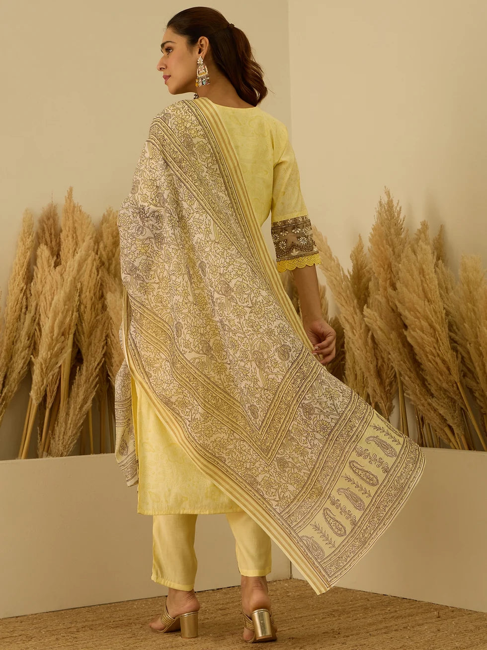 Aanya Women’s Yellow Festive Embroidered Yoke Straight Kurta Pant Set