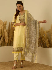 Aanya Women’s Yellow Festive Embroidered Yoke Straight Kurta Pant Set