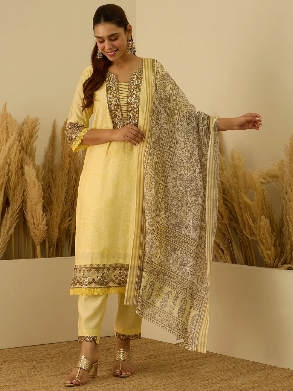 Aanya Women’s Yellow Festive Embroidered Yoke Straight Kurta Pant Set