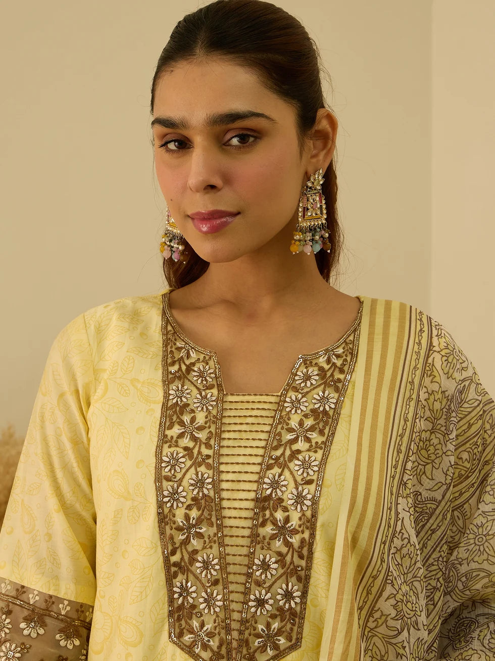 Aanya Women’s Yellow Festive Embroidered Yoke Straight Kurta Pant Set