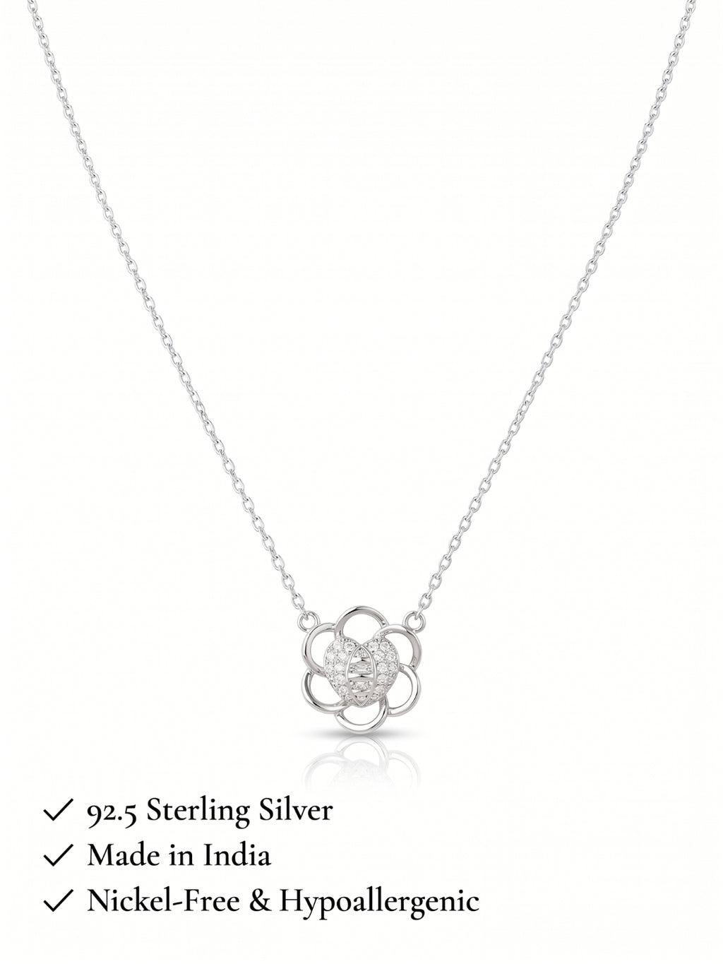 925 Sterling Silver Floral Heart CZ Pendant Necklace for Women