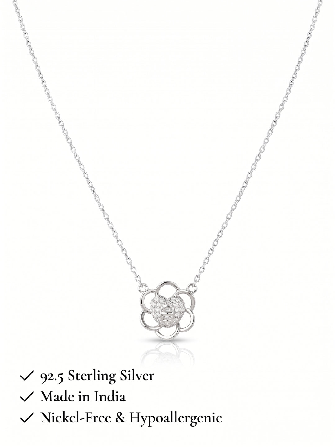 925 Sterling Silver Floral Heart CZ Pendant Necklace for Women