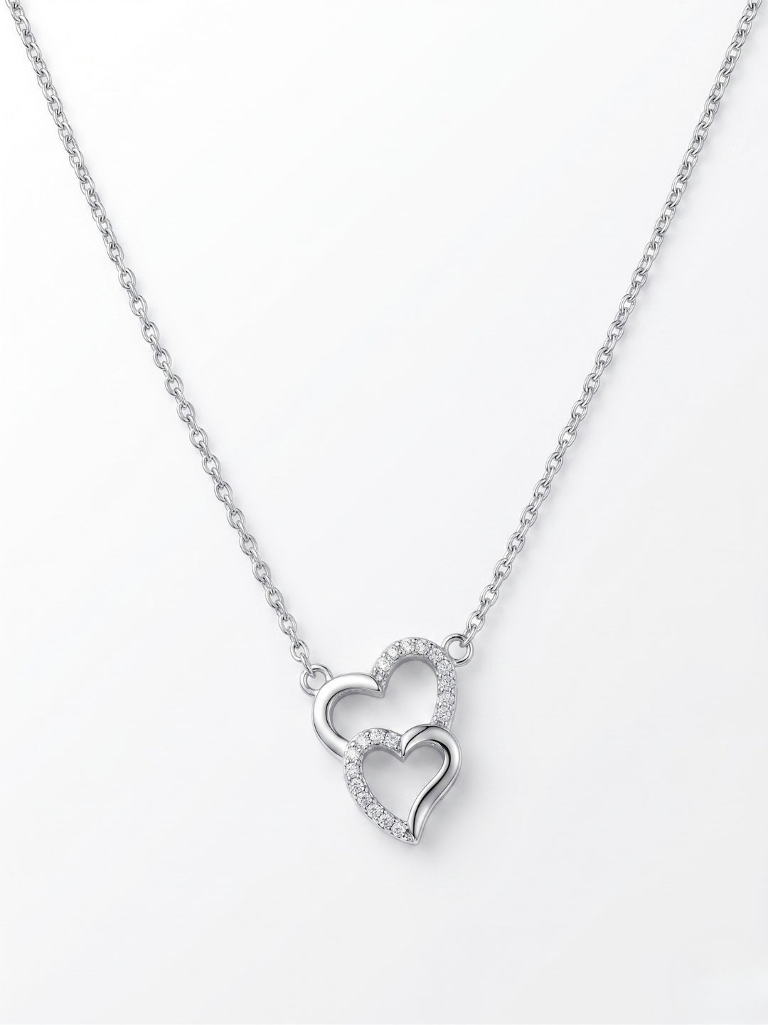 925 Sterling Silver Romantic Double Heart CZ Necklace for Women