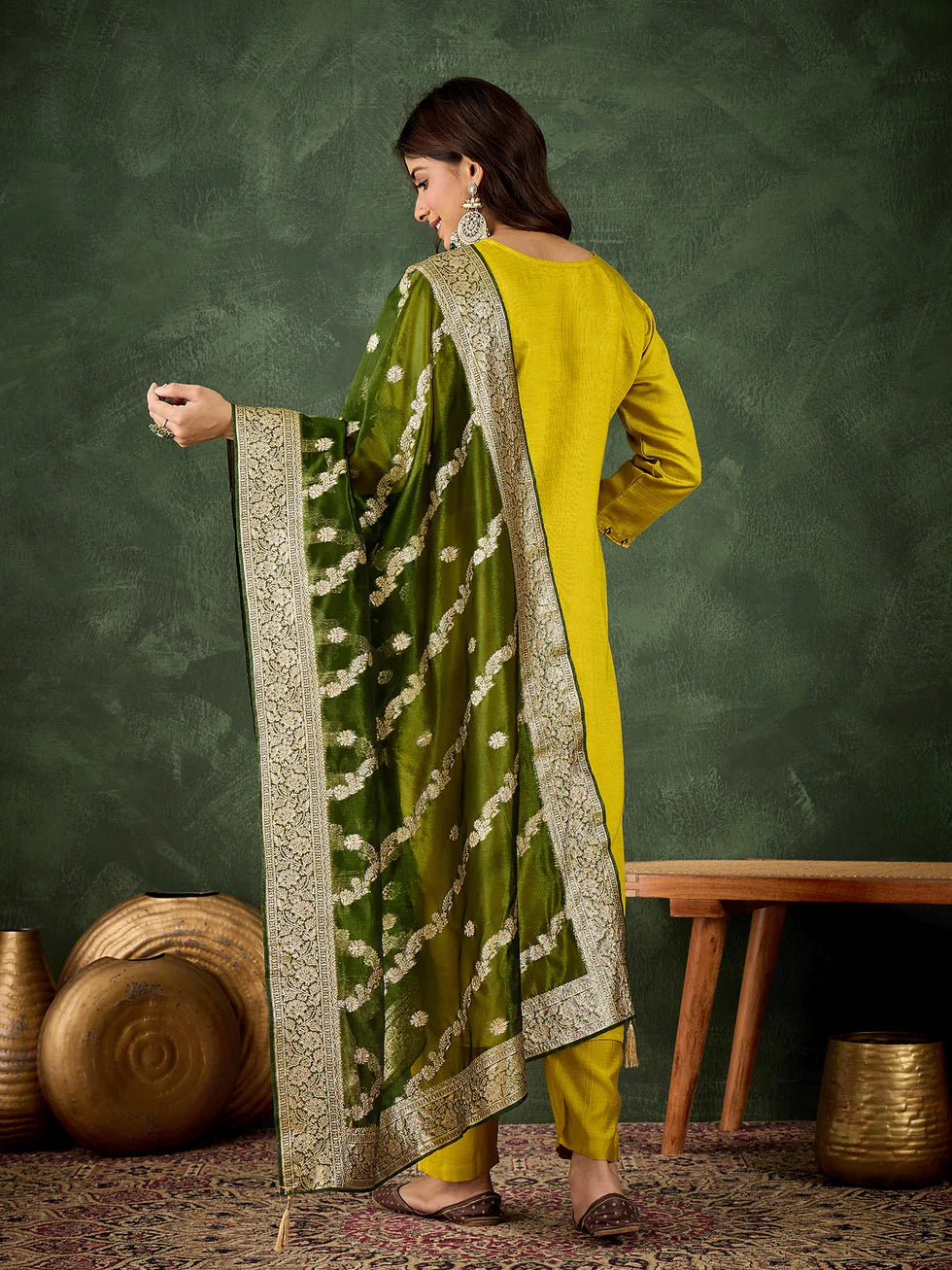 Floral Embroidered Viscose Rayon Round Neck Kurta Trouser & Dupatta Set