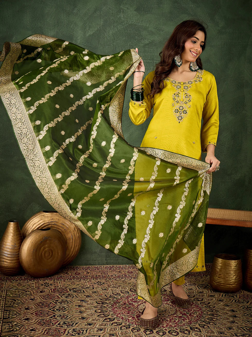 Floral Embroidered Viscose Rayon Round Neck Kurta Trouser & Dupatta Set