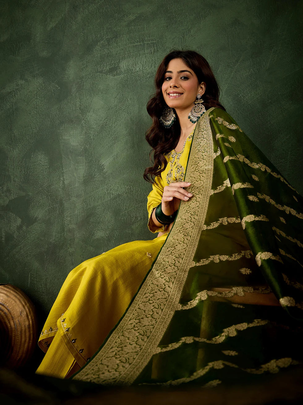 Floral Embroidered Viscose Rayon Round Neck Kurta Trouser & Dupatta Set