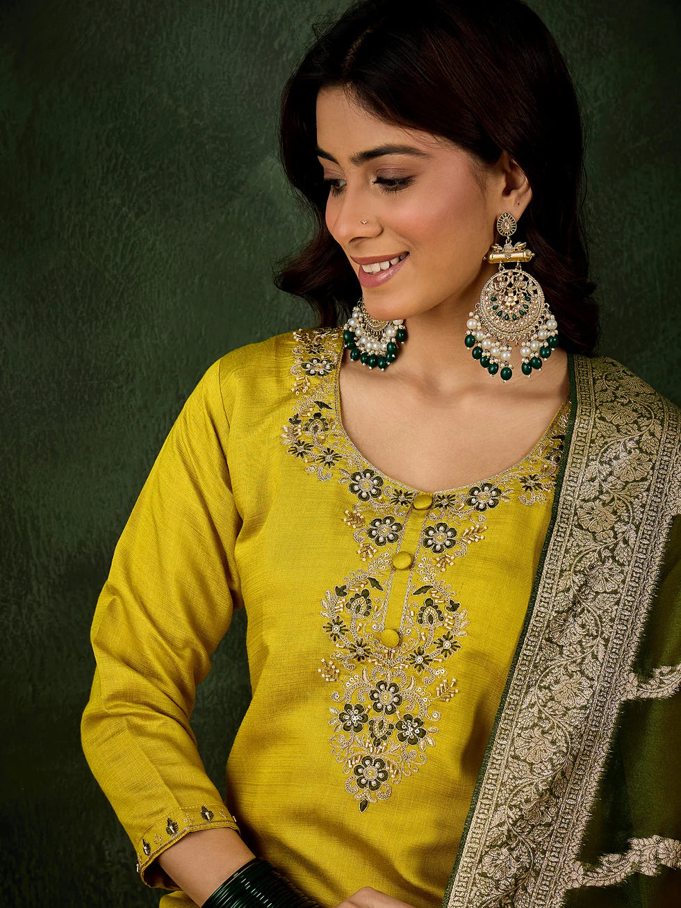 Floral Embroidered Viscose Rayon Round Neck Kurta Trouser & Dupatta Set
