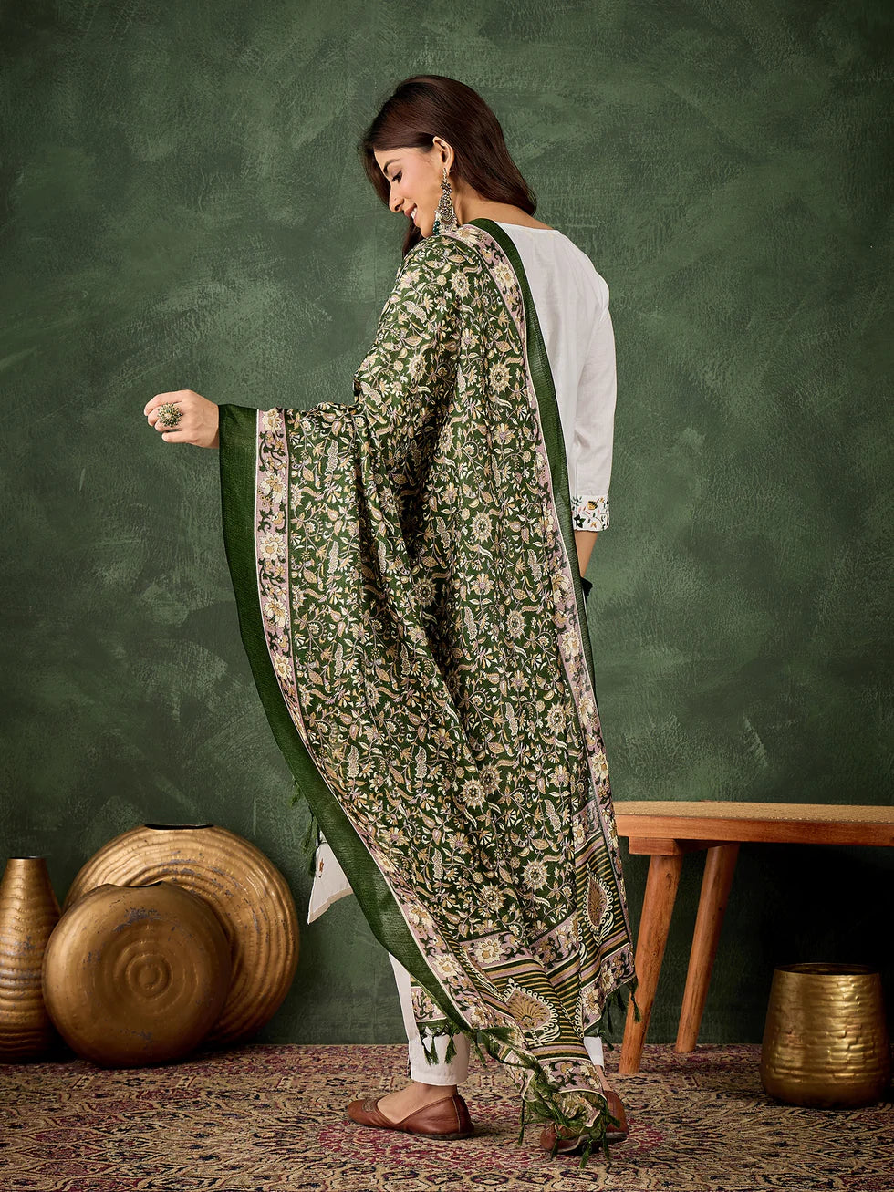 Floral Embroidered Cotton Blend V Neck Kurta Trouser & Dupatta Set