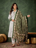 Floral Embroidered Cotton Blend V Neck Kurta Trouser & Dupatta Set