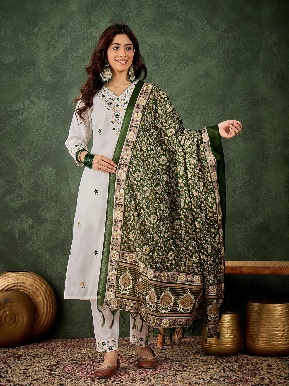 Floral Embroidered Cotton Blend V Neck Kurta Trouser & Dupatta Set