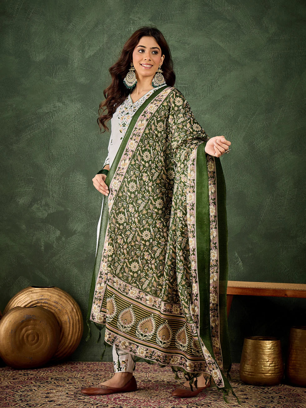 Floral Embroidered Cotton Blend V Neck Kurta Trouser & Dupatta Set