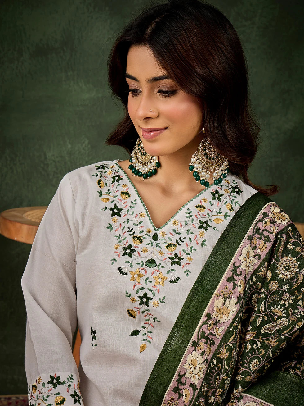 Floral Embroidered Cotton Blend V Neck Kurta Trouser & Dupatta Set