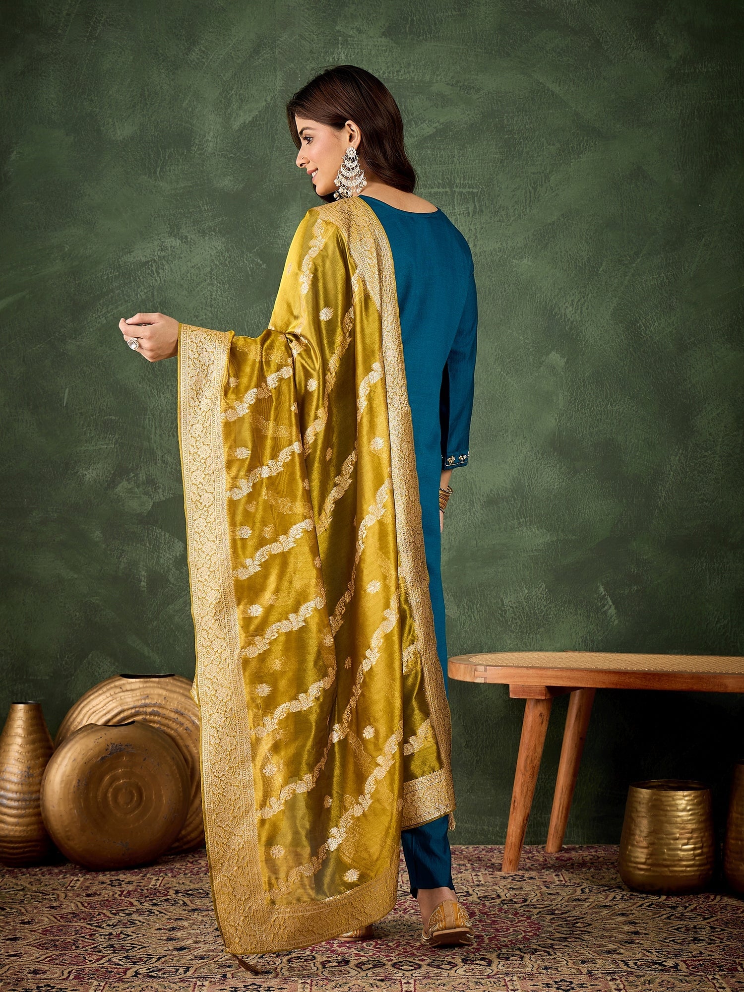 Floral Embroidered Viscose Rayon Round Neck Kurta Trouser & Dupatta Set