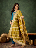 Floral Embroidered Viscose Rayon Round Neck Kurta Trouser & Dupatta Set