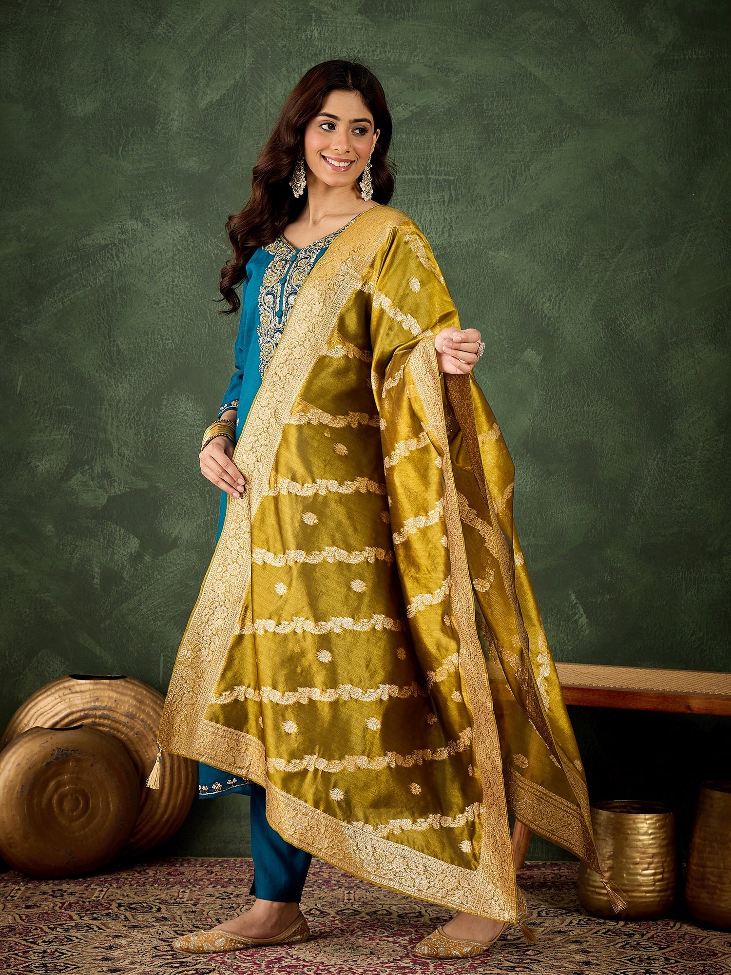 Floral Embroidered Viscose Rayon Round Neck Kurta Trouser & Dupatta Set
