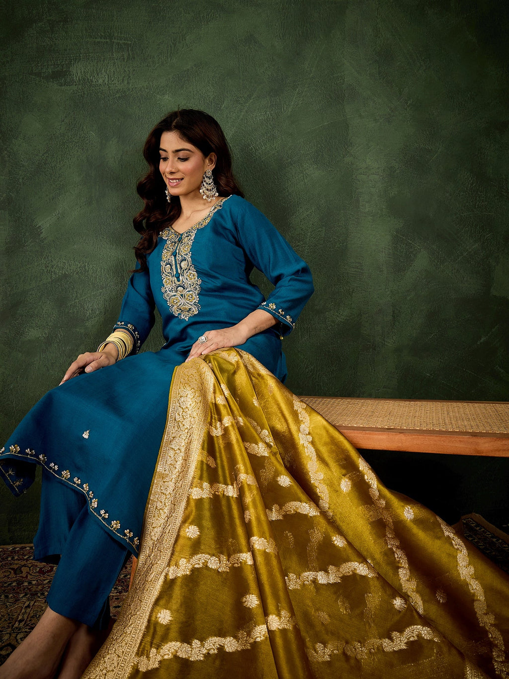Floral Embroidered Viscose Rayon Round Neck Kurta Trouser & Dupatta Set