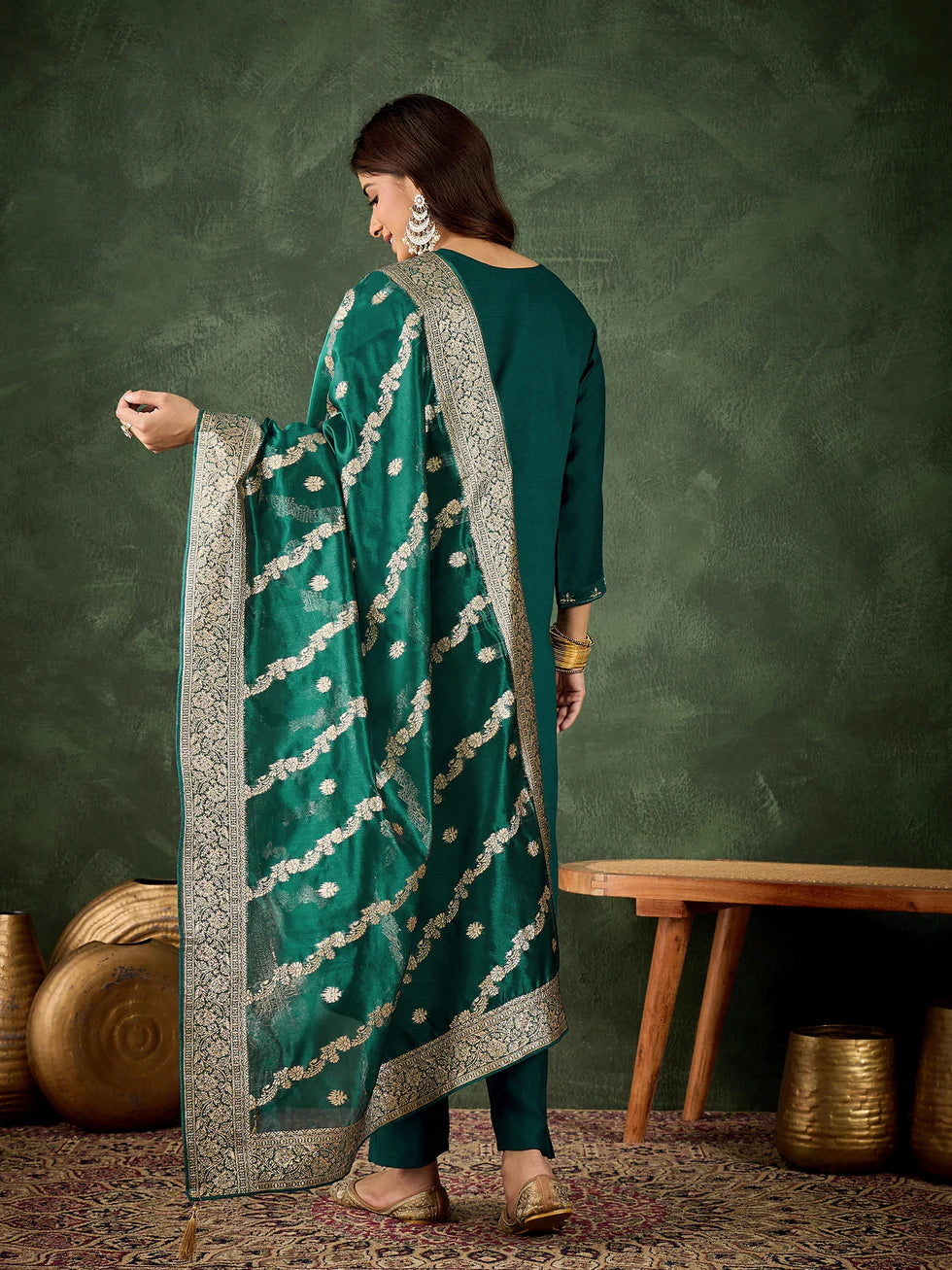 Floral Embroidered Viscose_Rayon Round_Neck Kurta Trouser & Dupatta Set