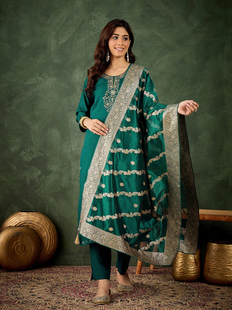 Floral Embroidered Viscose_Rayon Round_Neck Kurta Trouser & Dupatta Set