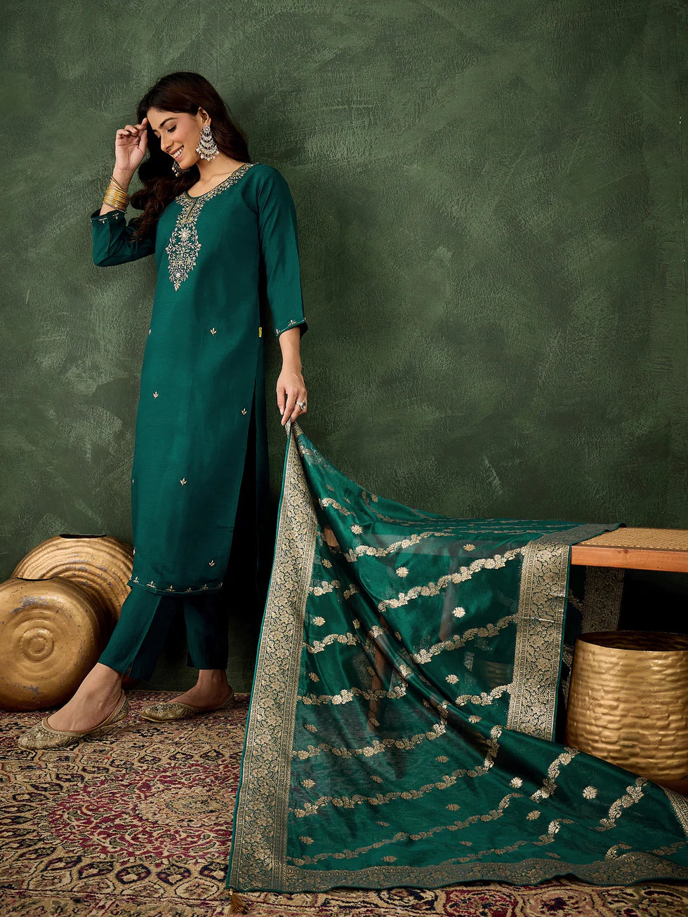 Floral Embroidered Viscose_Rayon Round_Neck Kurta Trouser & Dupatta Set