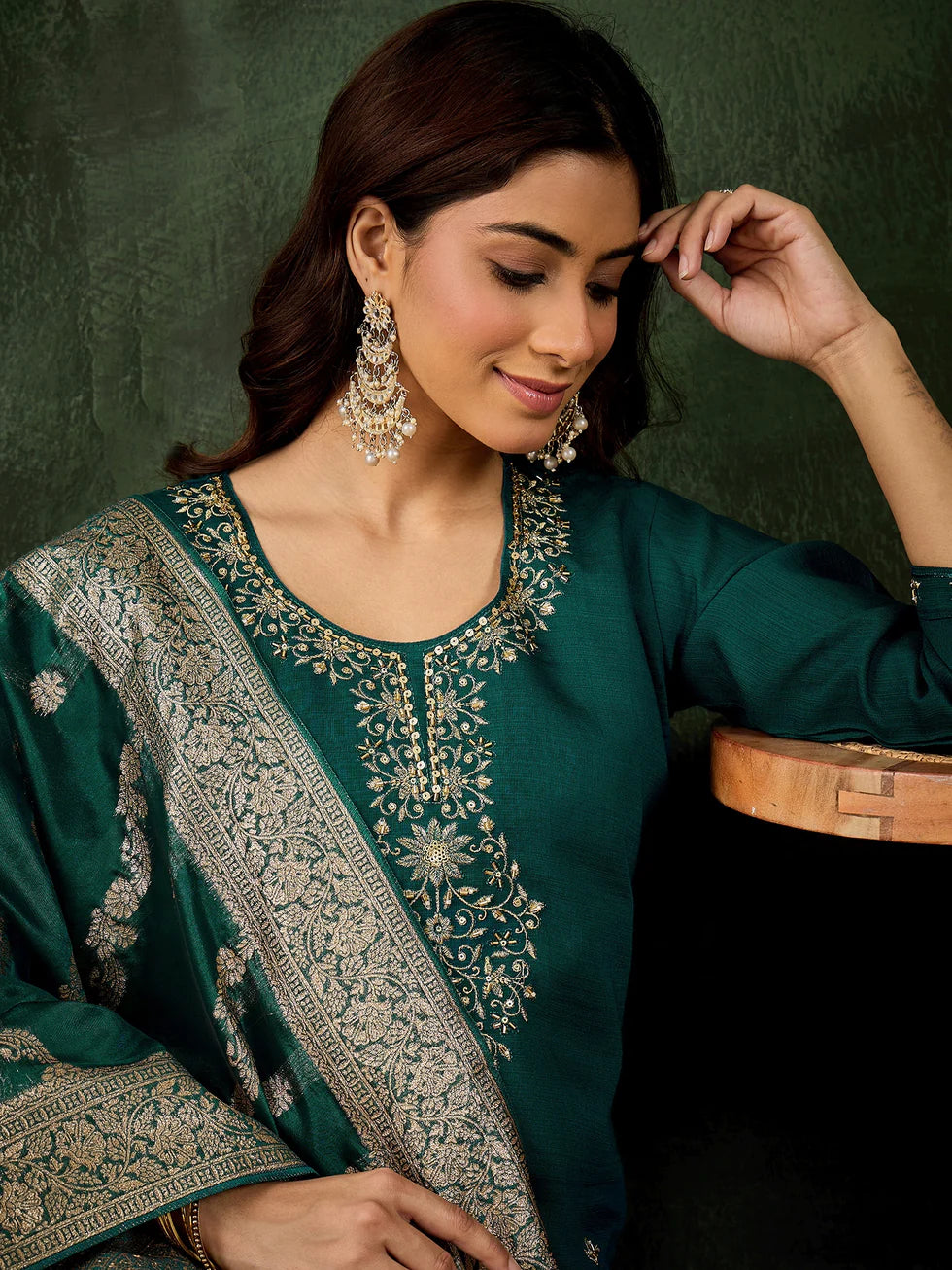 Floral Embroidered Viscose_Rayon Round_Neck Kurta Trouser & Dupatta Set