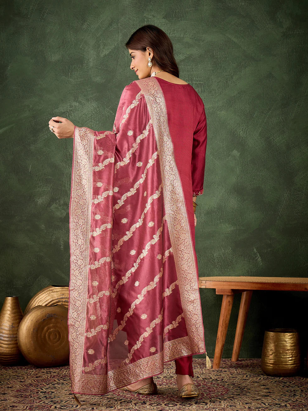 Floral Embroidered Viscose Rayon Round Neck Kurta Trouser & Dupatta Set