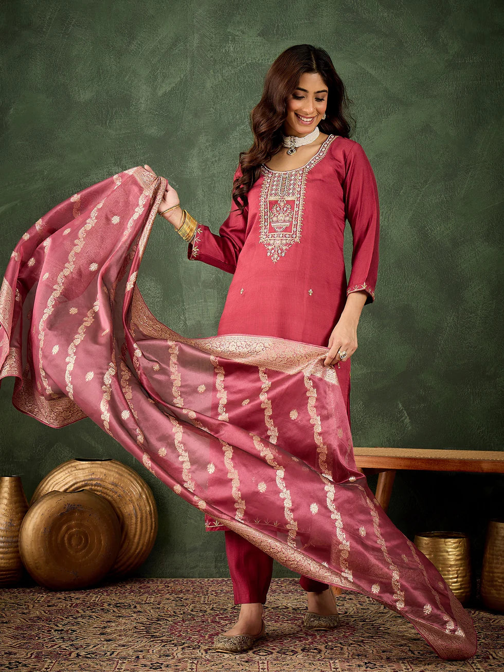 Floral Embroidered Viscose Rayon Round Neck Kurta Trouser & Dupatta Set