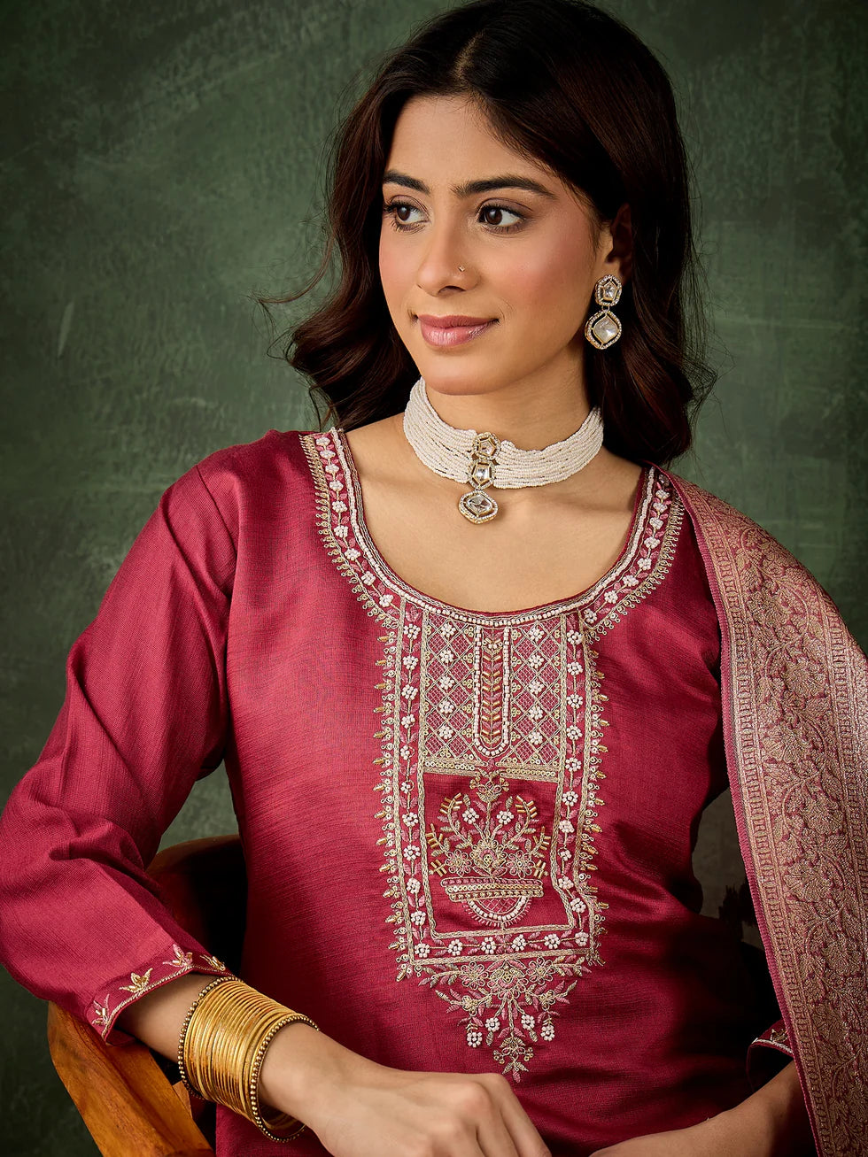 Floral Embroidered Viscose Rayon Round Neck Kurta Trouser & Dupatta Set
