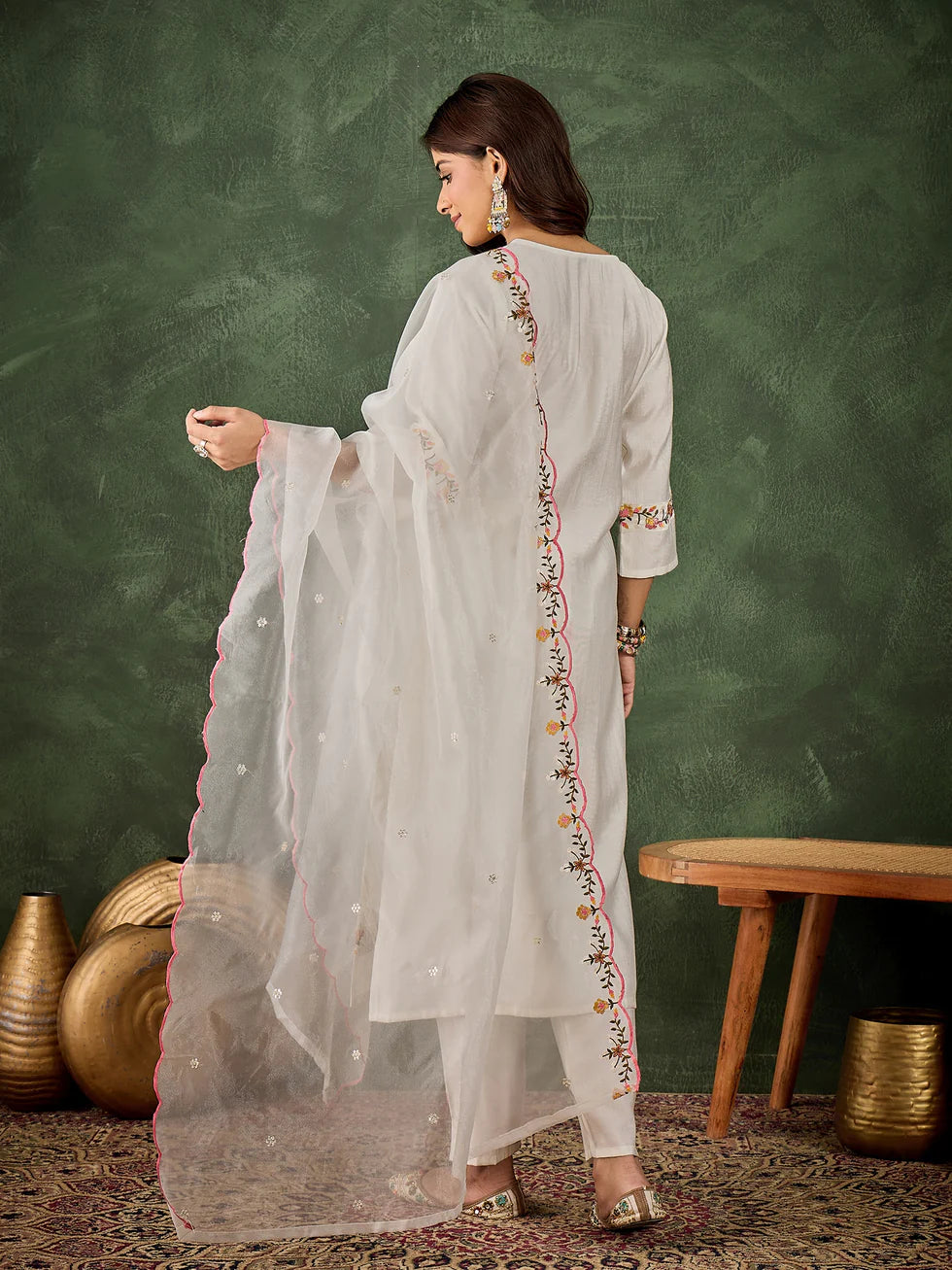 Floral Embroidered Silk Blend V Neck Kurta Trouser & Dupatta Set