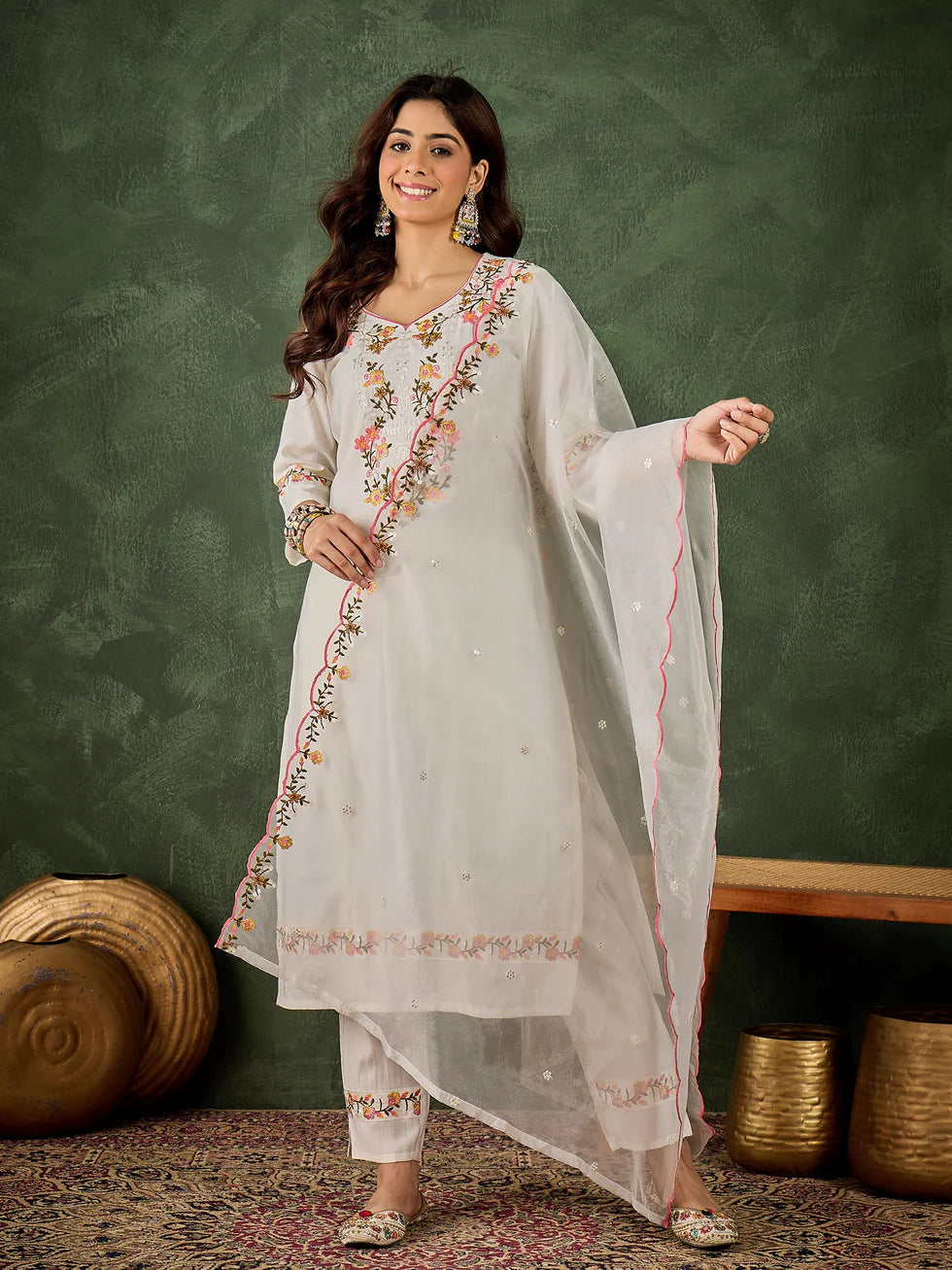 Floral Embroidered Silk Blend V Neck Kurta Trouser & Dupatta Set