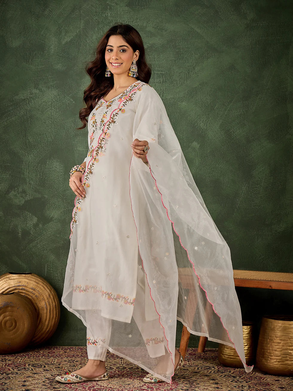 Floral Embroidered Silk Blend V Neck Kurta Trouser & Dupatta Set