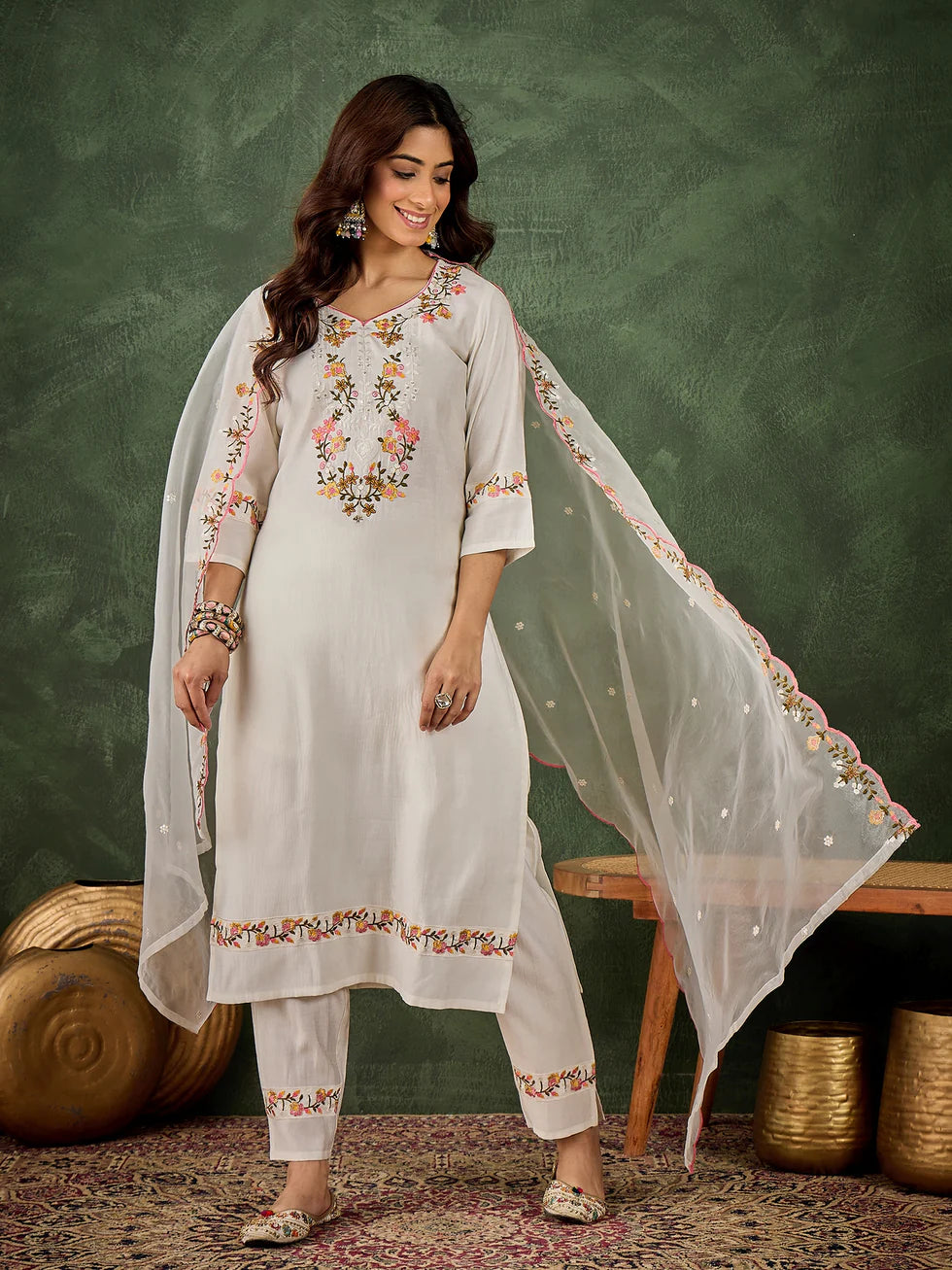Floral Embroidered Silk Blend V Neck Kurta Trouser & Dupatta Set