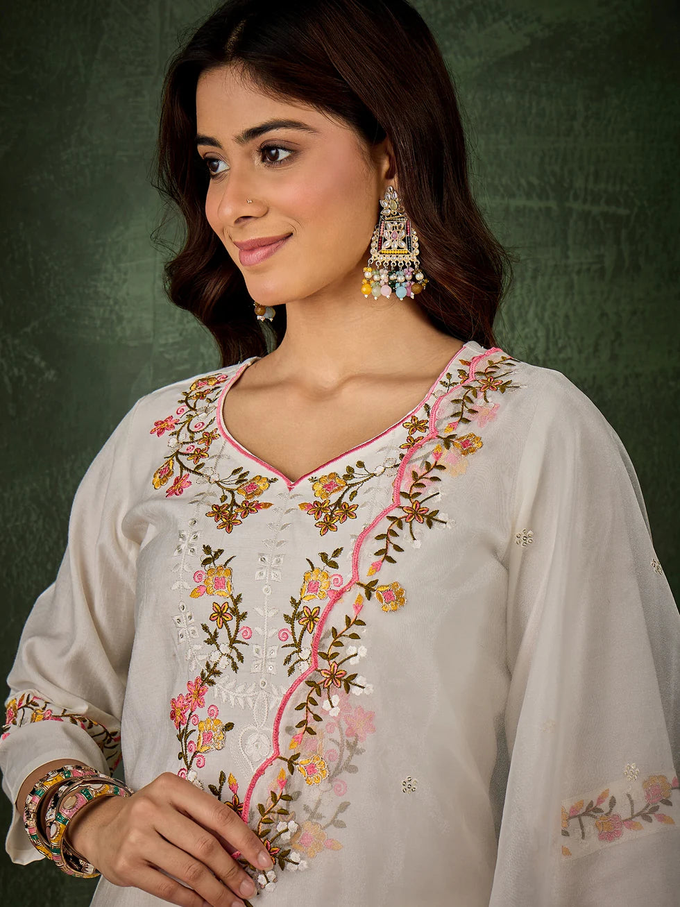 Floral Embroidered Silk Blend V Neck Kurta Trouser & Dupatta Set