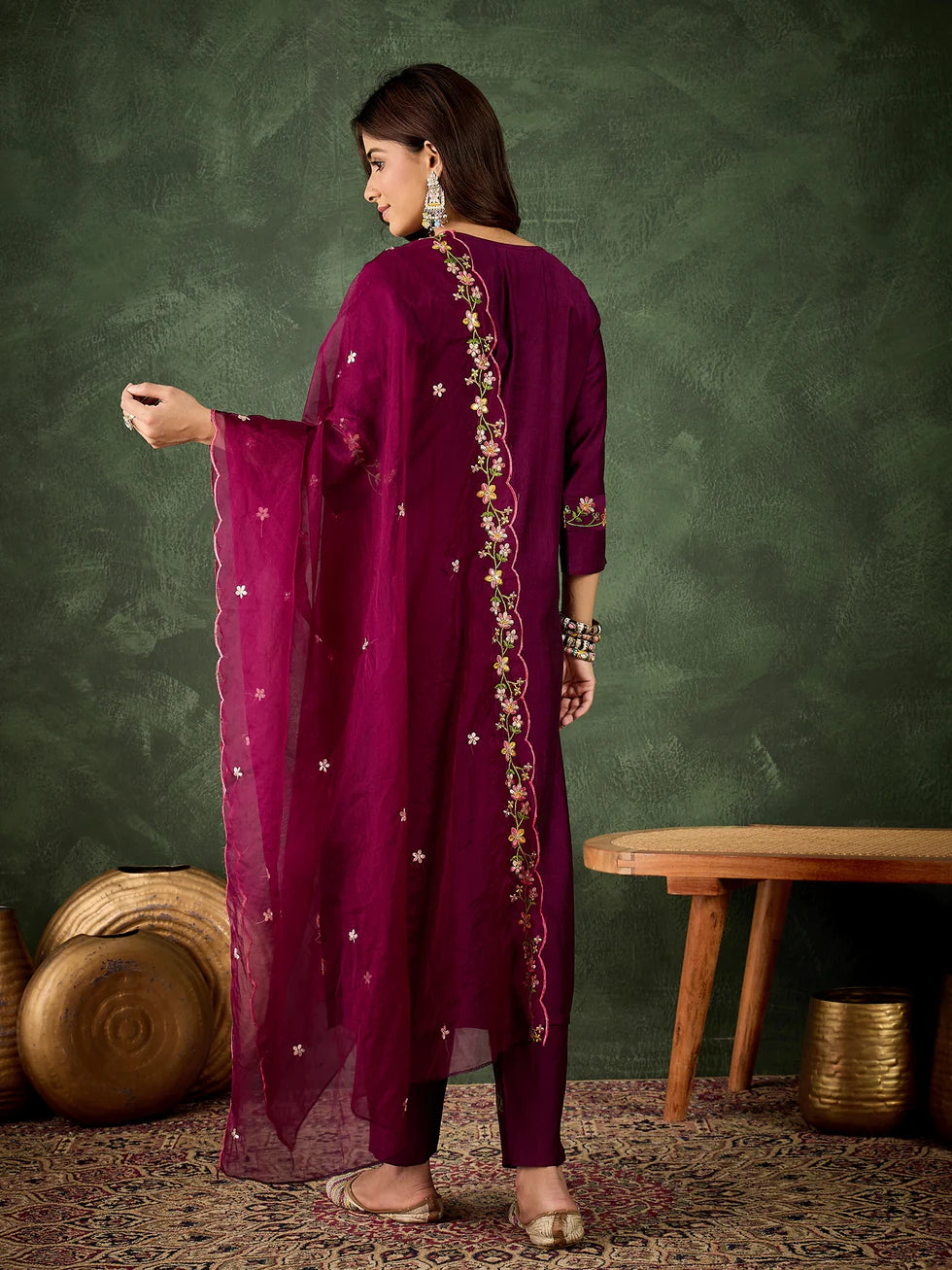 Floral Embroidered Silk Blend Round Neck Kurta Trouser & Dupatta Set