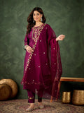 Floral Embroidered Silk Blend Round Neck Kurta Trouser & Dupatta Set